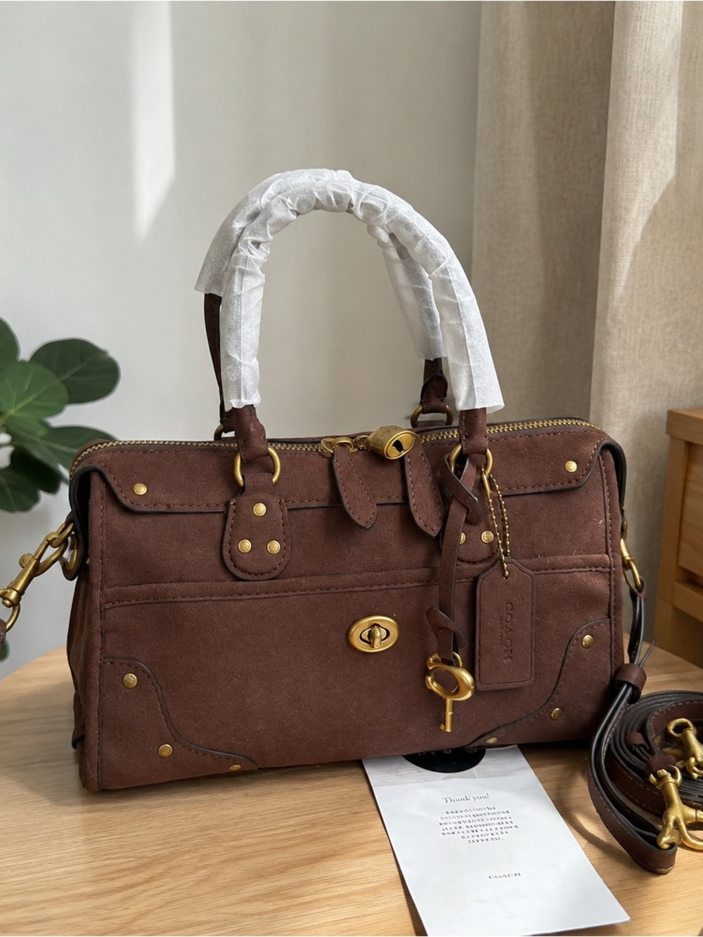 Coach Chocolate Brown Suede Satchel with Gold Hardware